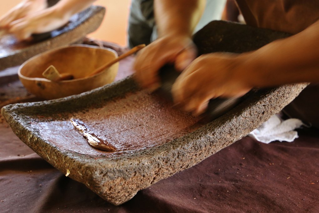 Making chocolate on a traditional metate